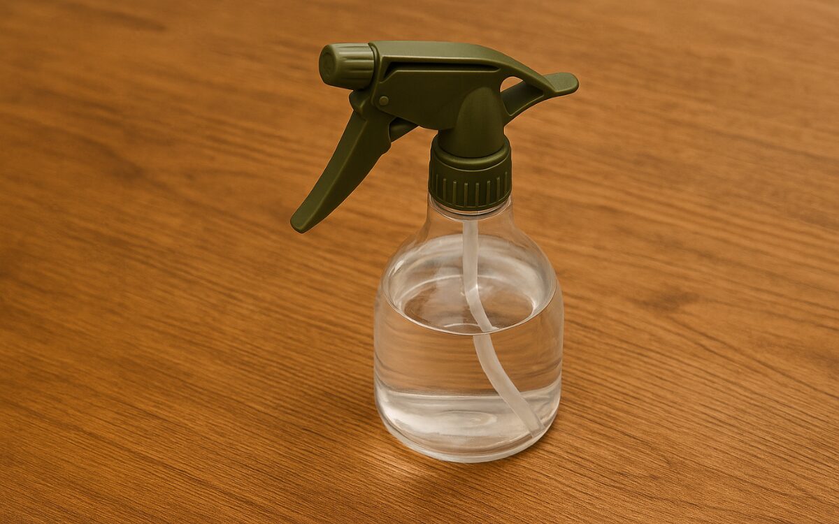 木目のテーブルの上にヘッドがOD色の霧吹きが乗っている。透明な本体の中には半分の水が入っている。
