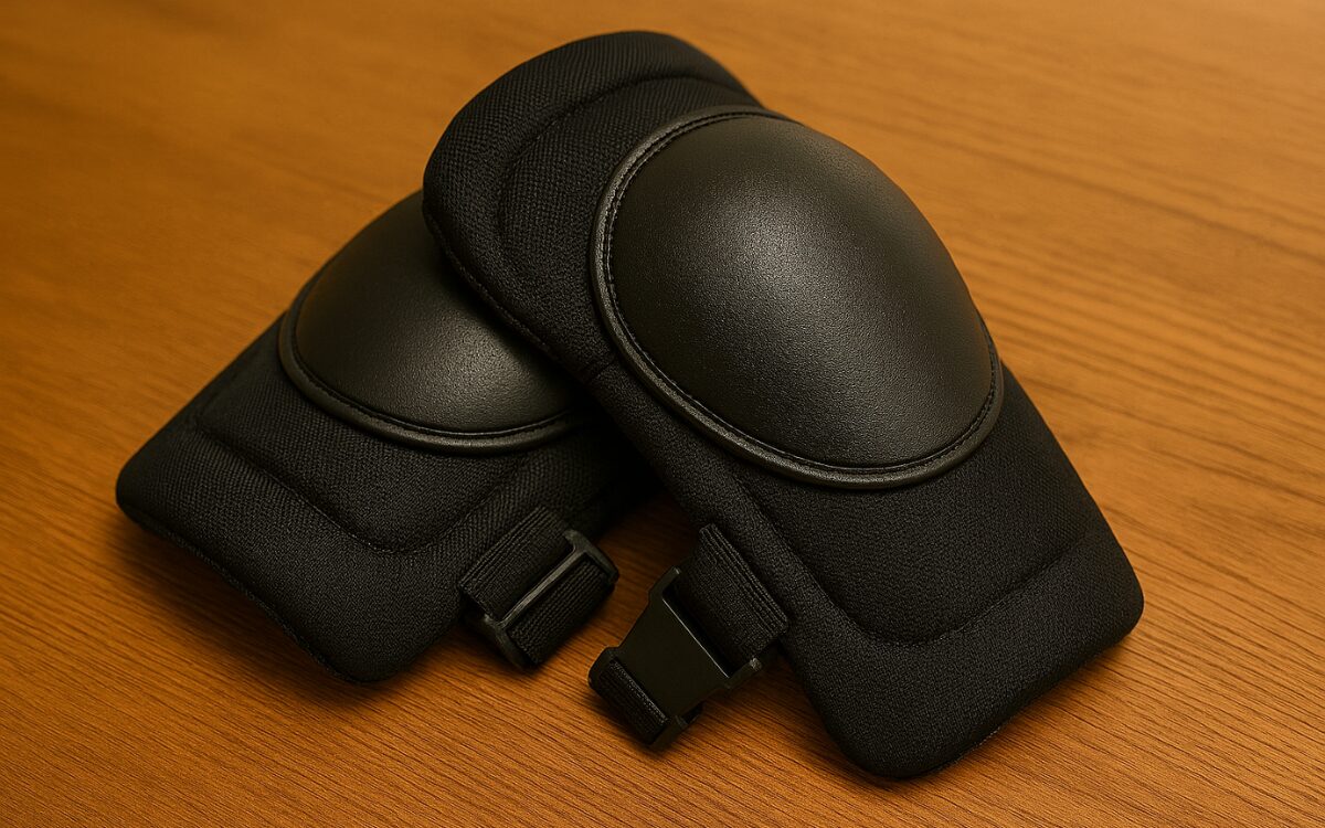 木目のテーブルの上にバックルタイプの黒い膝当てパッド。膝の部分は、固いプラスチック製。