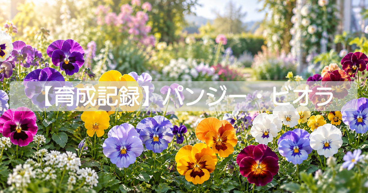 色とりどりのパンジーとビオラが咲く花壇